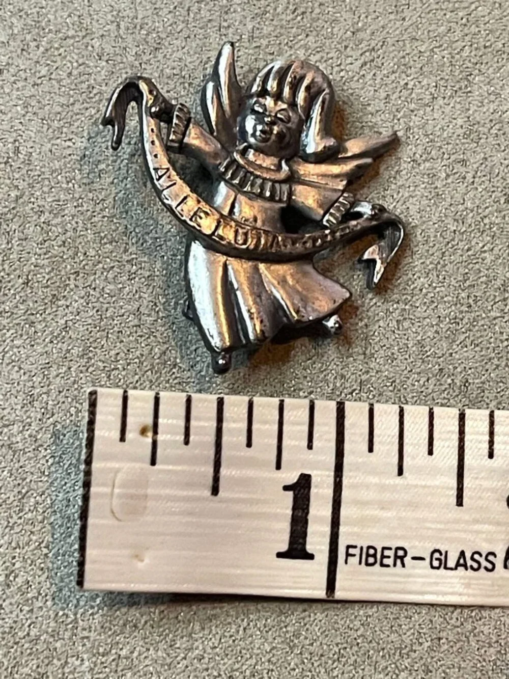 Vintage 80s Pewter Angel Alleluia Banner Angel Pin Brooch
